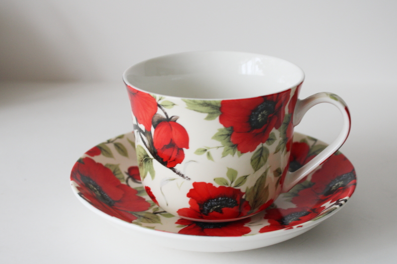 photo of vintage Kent Pottery large tea cup & saucer, red poppies floral china  #1