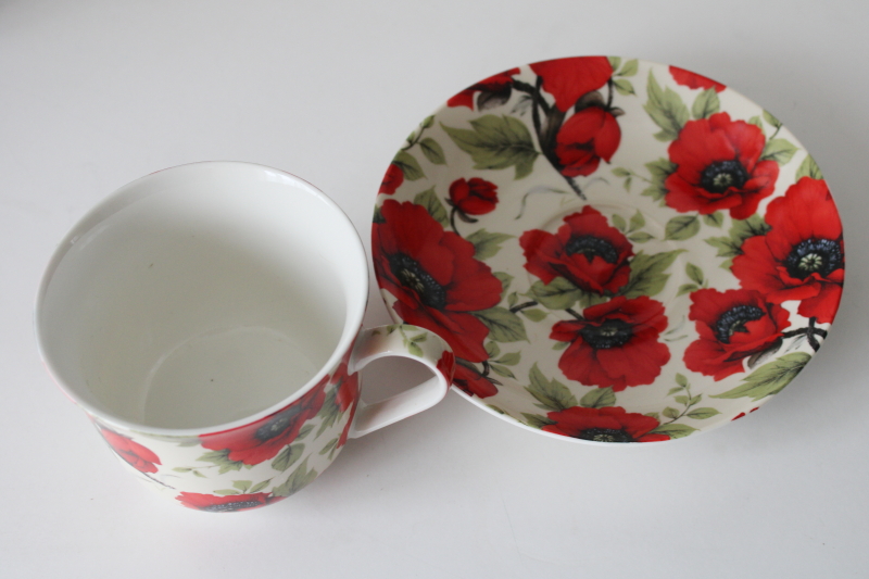 photo of vintage Kent Pottery large tea cup & saucer, red poppies floral china #2