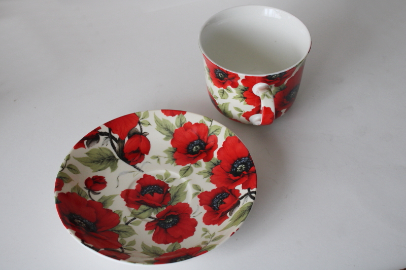 photo of vintage Kent Pottery large tea cup & saucer, red poppies floral china #6