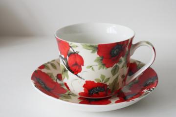 catalog photo of vintage Kent Pottery large tea cup & saucer, red poppies floral china 