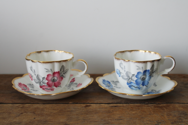 photo of vintage Kent bone china tea cups & saucers wild rose pattern, one pink & one blue  #1