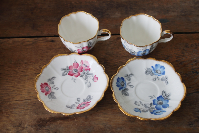 photo of vintage Kent bone china tea cups & saucers wild rose pattern, one pink & one blue  #2