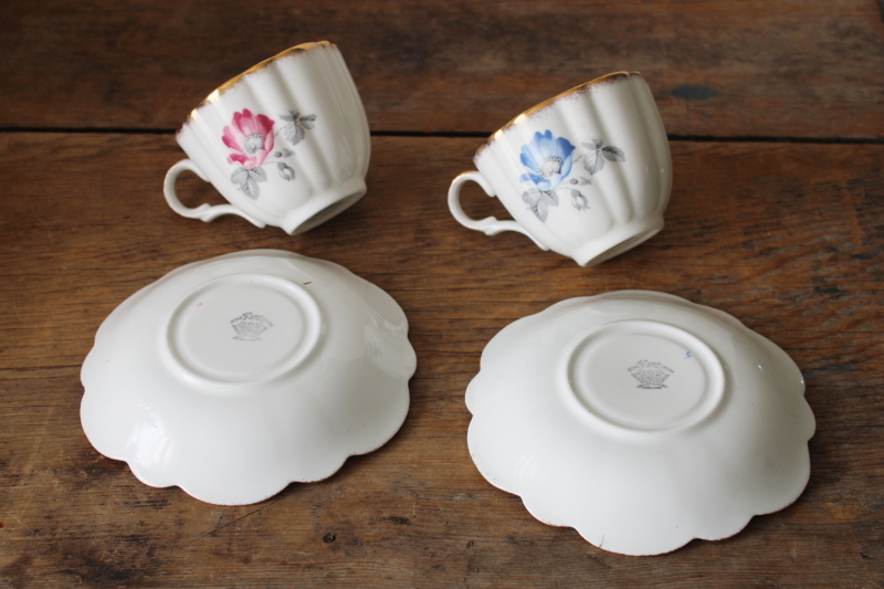 photo of vintage Kent bone china tea cups & saucers wild rose pattern, one pink & one blue  #3