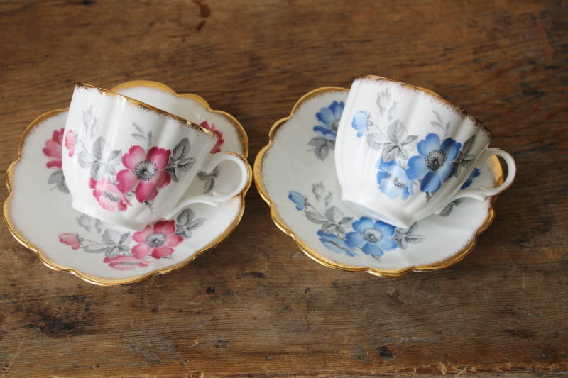 photo of vintage Kent bone china tea cups & saucers wild rose pattern, one pink & one blue  #6