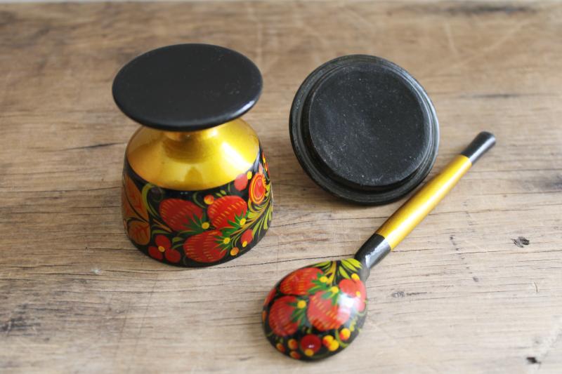 photo of vintage Khokhloma hand painted lacquer wood spoon & small pot w/ strawberries #3