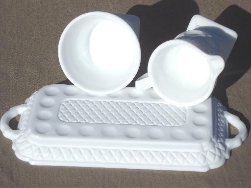 photo of vintage Kings Crown milk glass cream & sugar set w/ tray, King's Crown #6