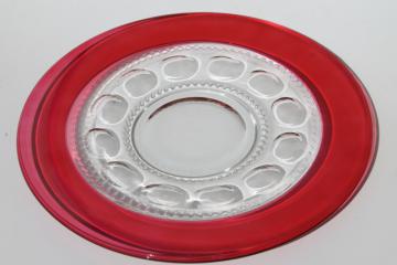 catalog photo of vintage Kings Crown pattern glass cake plate w/ ruby stain border, pretty for Christmas!