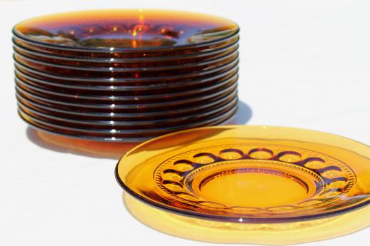 photo of vintage Kings Crown pattern glass dishes, amber glass salad plates set of 12 #2