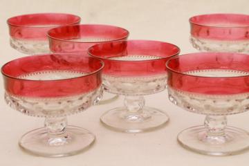 catalog photo of vintage Kings Crown pattern glass sherbets or champagne glasses w/ ruby band red flashed color