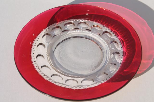 photo of vintage King's Crown ruby flash stained color thumbprint glass luncheon plates #2