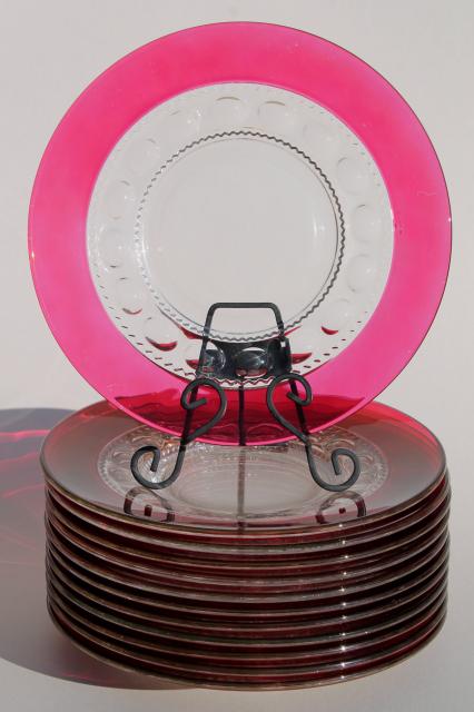 photo of vintage King's Crown ruby flash stained color thumbprint glass luncheon plates #3