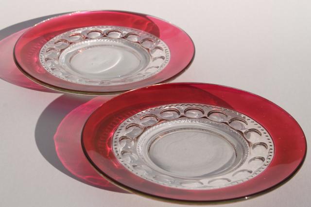 photo of vintage King's Crown ruby flash stained color thumbprint glass luncheon plates #6