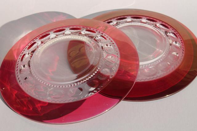 photo of vintage King's Crown ruby flash stained color thumbprint glass luncheon plates #7