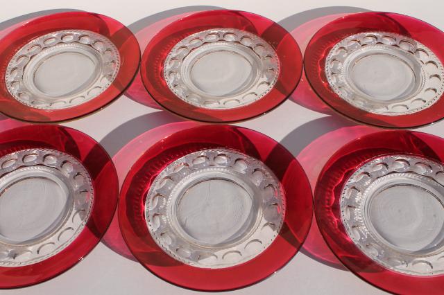 photo of vintage King's Crown ruby flash stained color thumbprint glass luncheon plates #10