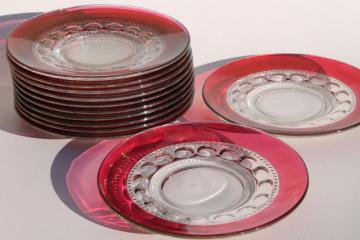 catalog photo of vintage King's Crown ruby flash stained color thumbprint glass luncheon plates