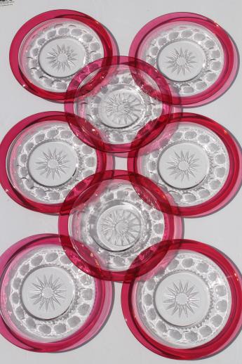 photo of vintage King's Crown ruby flash stained color thumbprint glass plates, Tiffin star #1