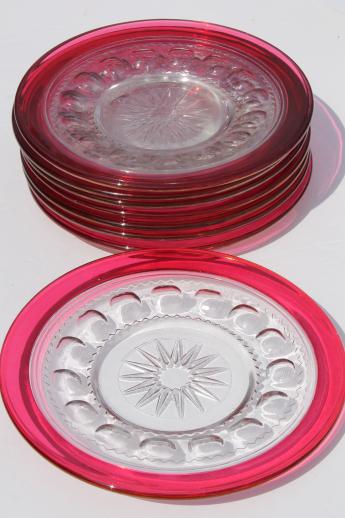 photo of vintage King's Crown ruby flash stained color thumbprint glass plates, Tiffin star #2