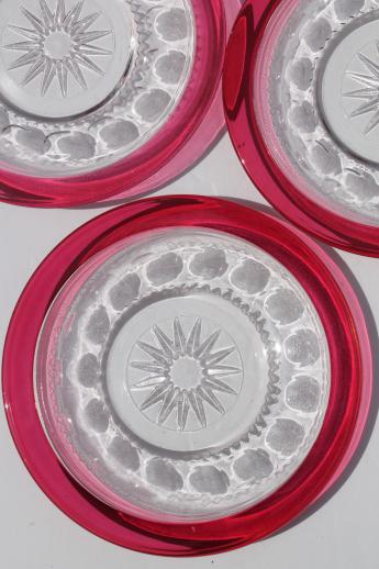 photo of vintage King's Crown ruby flash stained color thumbprint glass plates, Tiffin star #4