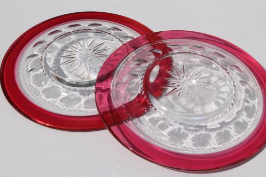 photo of vintage King's Crown ruby flash stained color thumbprint glass plates, Tiffin star #6