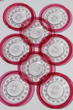 catalog photo of vintage King's Crown ruby flash stained color thumbprint glass plates, Tiffin star