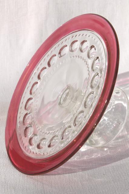 photo of vintage King's Crown ruby flash thumbprint glass cake stand dessert plate #1