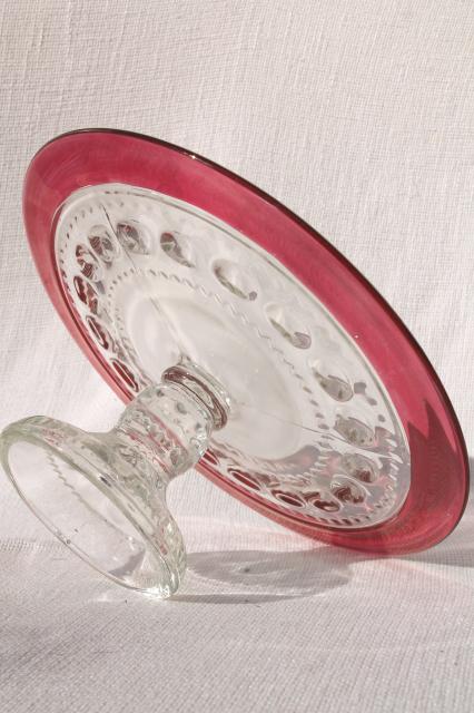 photo of vintage King's Crown ruby flash thumbprint glass cake stand dessert plate #5