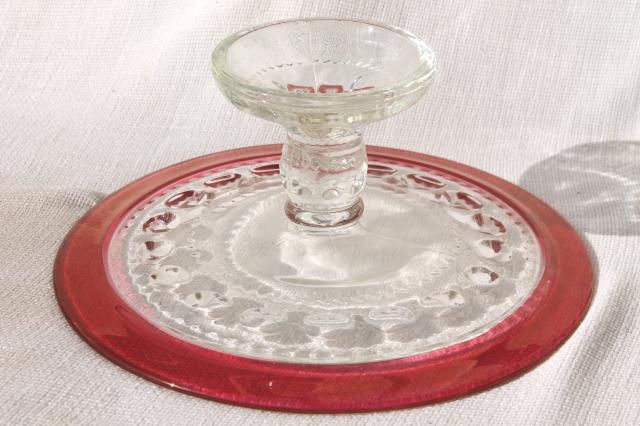 photo of vintage King's Crown ruby flash thumbprint glass cake stand dessert plate #6