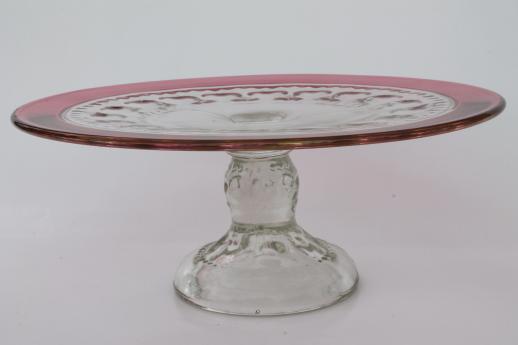 photo of vintage King's Crown ruby flash thumbprint glass cake stand dessert plate #1