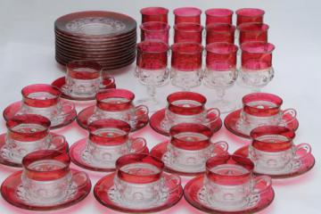 catalog photo of vintage King's Crown ruby flash thumbprint glass dishes complete set for 12