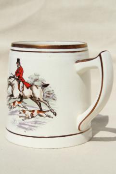 catalog photo of vintage Kirkham pottery ceramic mug, cup w/ English hunt scene hounds & horses