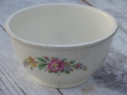 photo of vintage Kitchen Kraft pottery mixing bowl, shabby cottage floral print #1