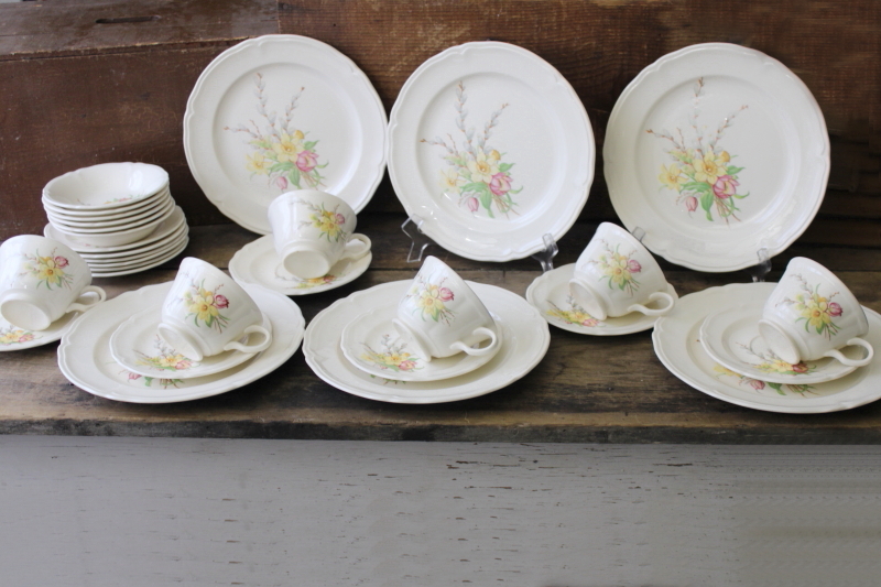 photo of vintage Knowles china dinnerware set for 6 Easter spring flowers daffodils tulips willow buds #1