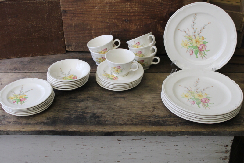 photo of vintage Knowles china dinnerware set for 6 Easter spring flowers daffodils tulips willow buds #2