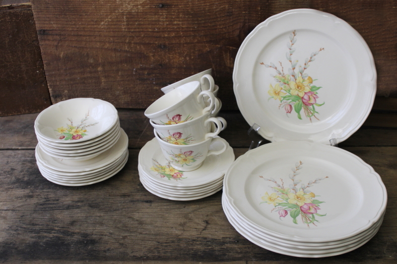 photo of vintage Knowles china dinnerware set for 6 Easter spring flowers daffodils tulips willow buds #7