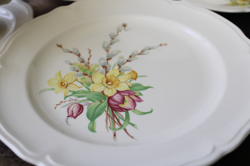 photo of vintage Knowles china dinnerware set for 6 Easter spring flowers daffodils tulips willow buds #9