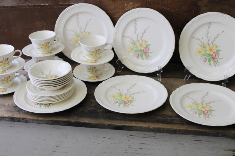 photo of vintage Knowles china dinnerware set for 6 Easter spring flowers daffodils tulips willow buds #10