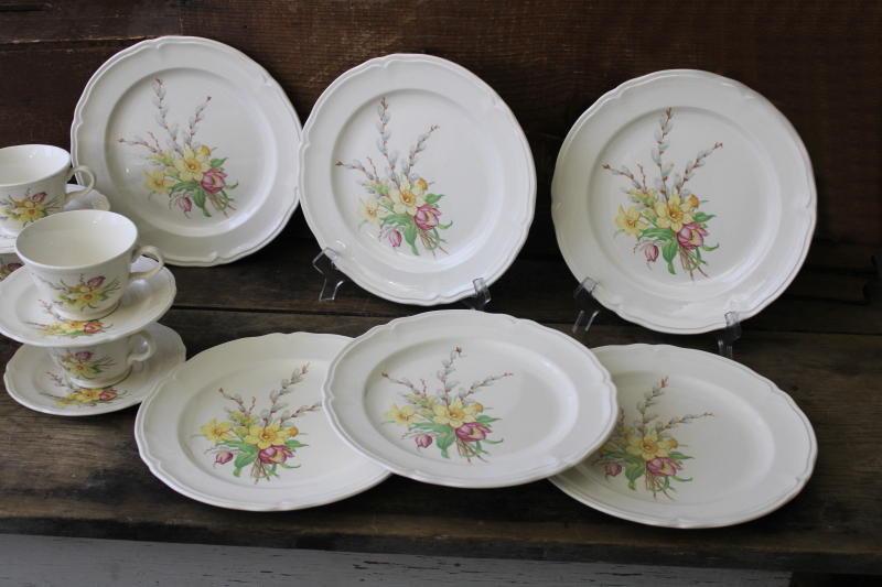 photo of vintage Knowles china dinnerware set for 6 Easter spring flowers daffodils tulips willow buds #12