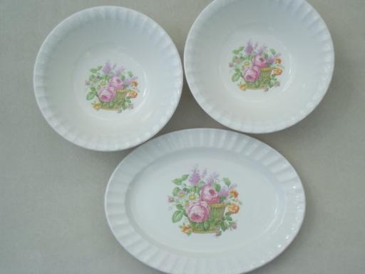 photo of vintage Knowles china dishes set for 6,  basket full of flowers pattern #7