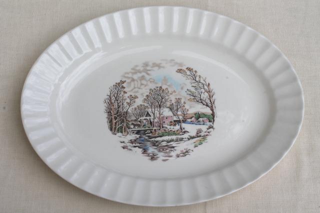 photo of vintage Knowles china platter, multi-colored Currier & Ives millpond scene over the river #1