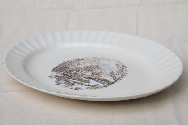 photo of vintage Knowles china platter, multi-colored Currier & Ives millpond scene over the river #3