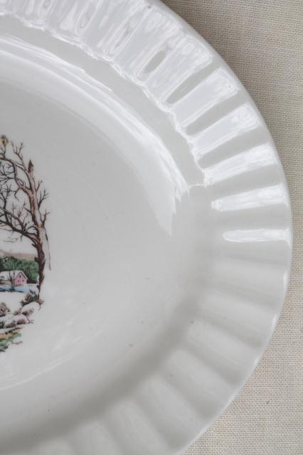 photo of vintage Knowles china platter, multi-colored Currier & Ives millpond scene over the river #4