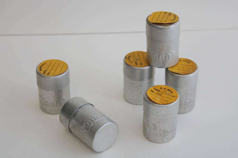 photo of vintage Kodak film canisters containers, lot of 1930s aluminum tins full of film #1