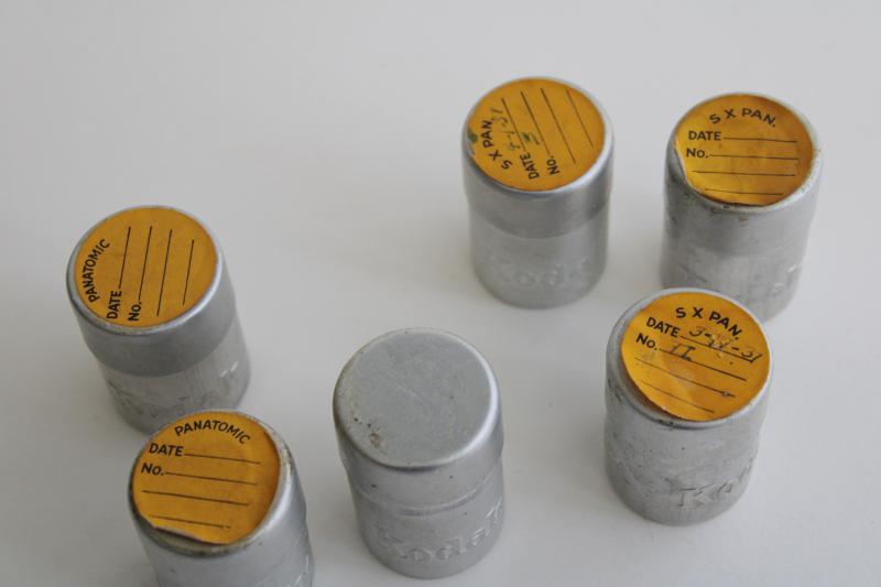 photo of vintage Kodak film canisters containers, lot of 1930s aluminum tins full of film #2