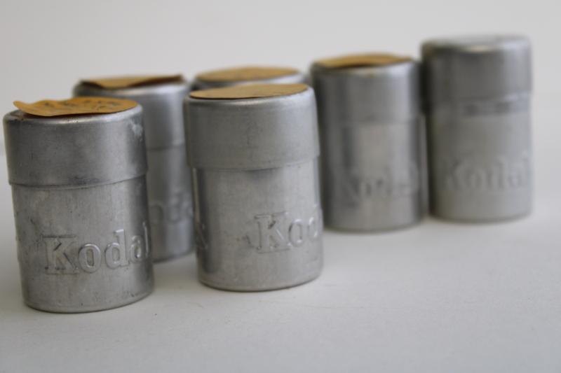 photo of vintage Kodak film canisters containers, lot of 1930s aluminum tins full of film #5