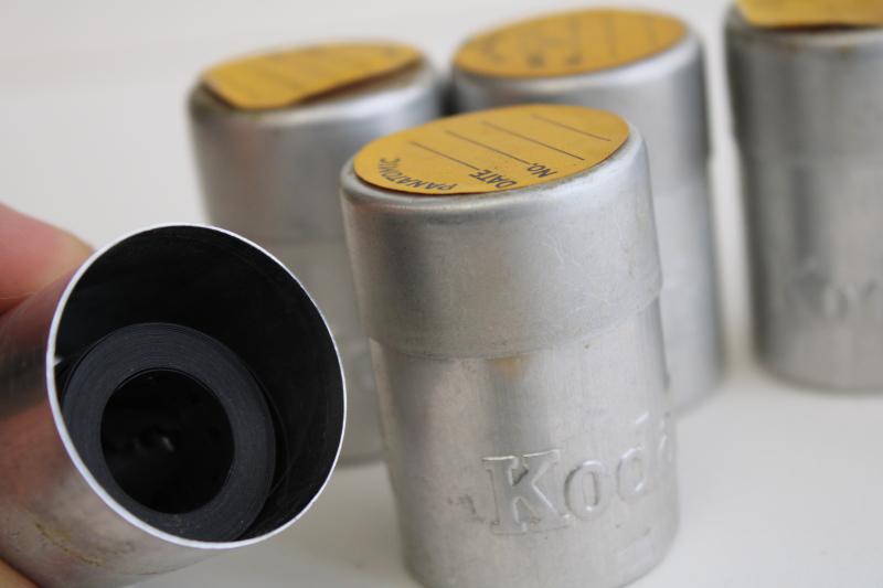 photo of vintage Kodak film canisters containers, lot of 1930s aluminum tins full of film #7