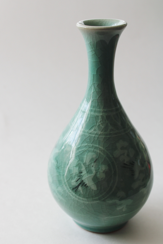 photo of vintage Korea celedon green vase, bud vase shape w/ cranes design crackle glaze ceramic #1