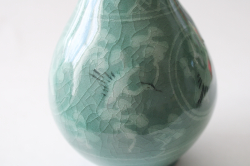 photo of vintage Korea celedon green vase, bud vase shape w/ cranes design crackle glaze ceramic #3