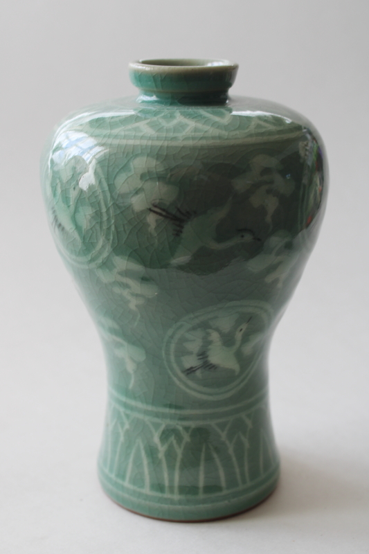 photo of vintage Korea celedon green vase, meiping shape w/ cranes design crackle glaze ceramic  #1