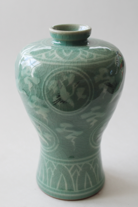 photo of vintage Korea celedon green vase, meiping shape w/ cranes design crackle glaze ceramic  #2
