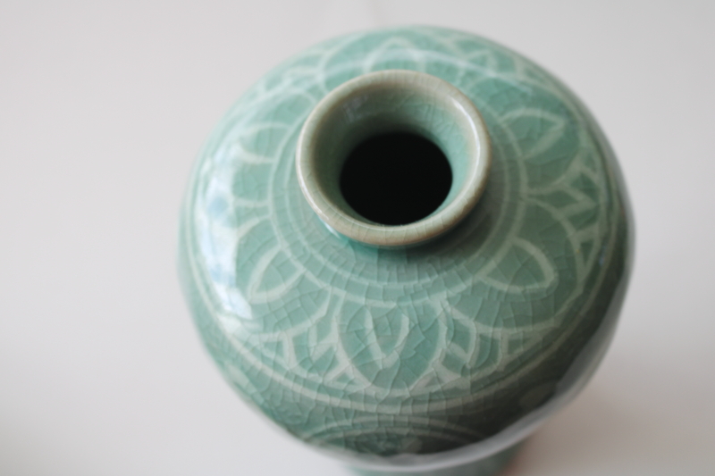 photo of vintage Korea celedon green vase, meiping shape w/ cranes design crackle glaze ceramic  #3